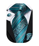 Hi-Tie Teal Blue Krawatte Paisley Stripe Krawatten Set Einstecktuch Manschettenknöpfe Business Formal Party
