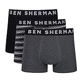 Herren Ben Sherman Boxershorts in Anthrazit/Gestreift/Schwarz | Trunks aus weicher Baumwolle mit elastischem Bund | Bequeme und atmungsaktive Unterwäsche - Dreierpack